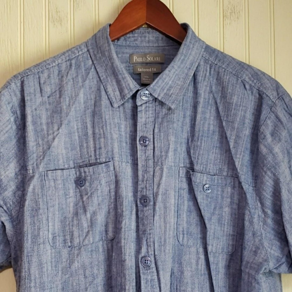 Paulo Solari Shirt Mens 2XL Blue Chambray Short Sleeve Button Up Linen Casual